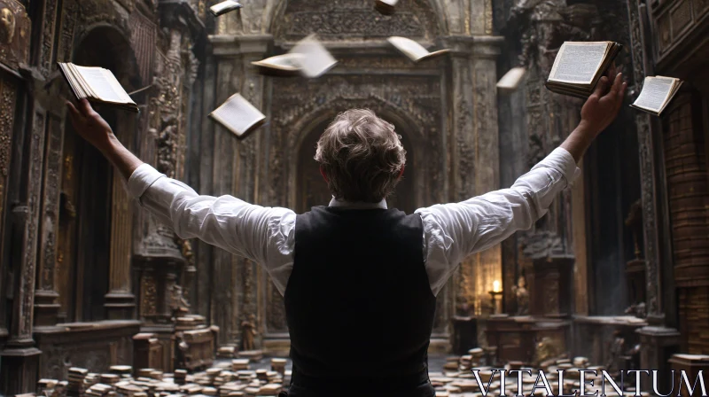 Hall of Knowledge and Floating Books AI Image