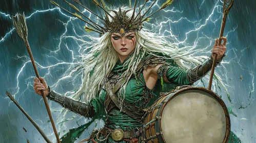Female Warrior in Storm with Drum