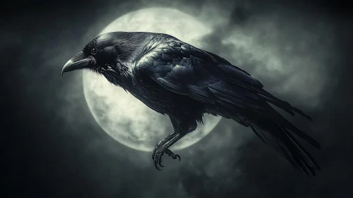 Nocturnal Raven Perched Before the Moon