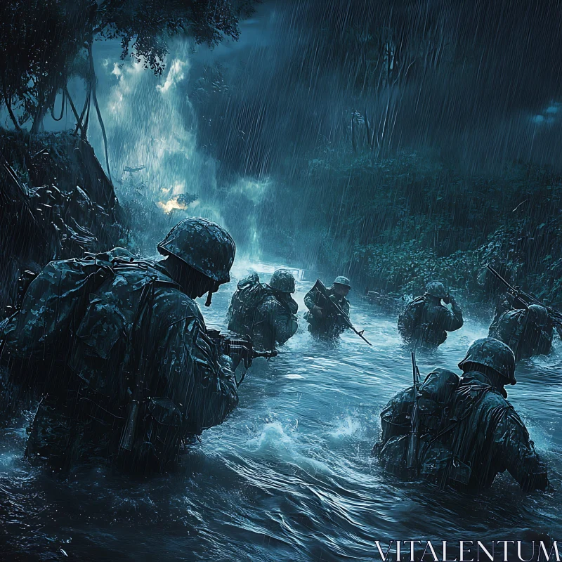 AI ART Military River Crossing in the Rain