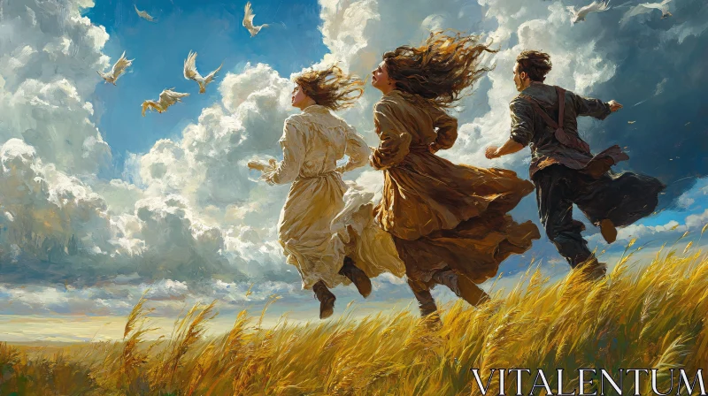 AI ART People Running in Field Under Cloudy Sky