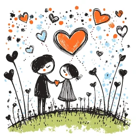 Whimsical Love Cartoon with Hearts and Flowers