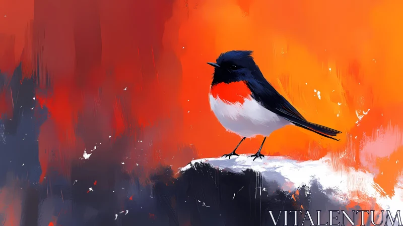Abstract Bird Art with Snow and Orange