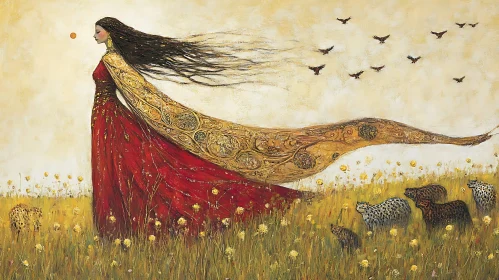 Lady in Field with Animals