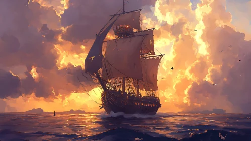 Ocean Sailing Ship at Sunset
