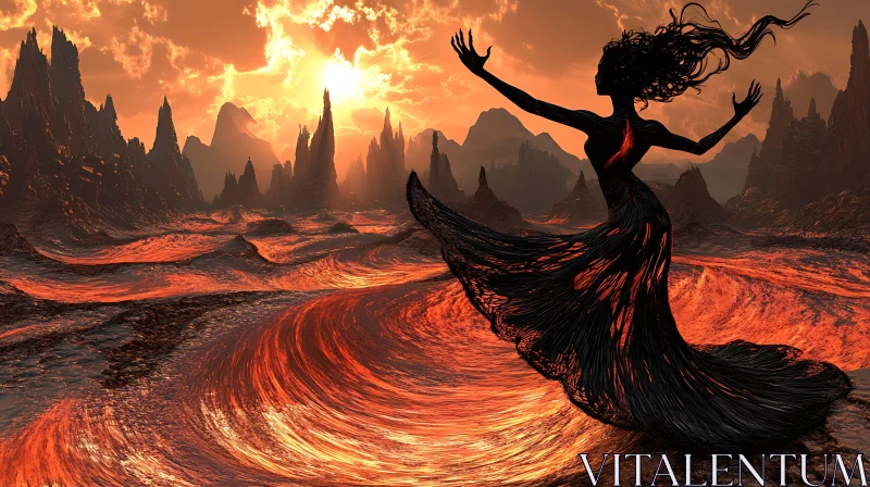 Fiery Silhouette: Woman Amidst Lava Landscape