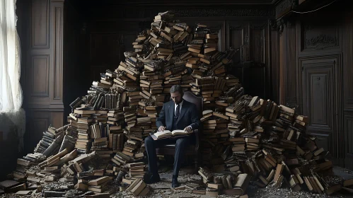 Reader in a Book Pile