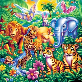 Exotic Wildlife in Colorful Jungle Landscape