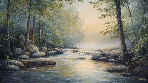 Tranquil Misty River in the Forest