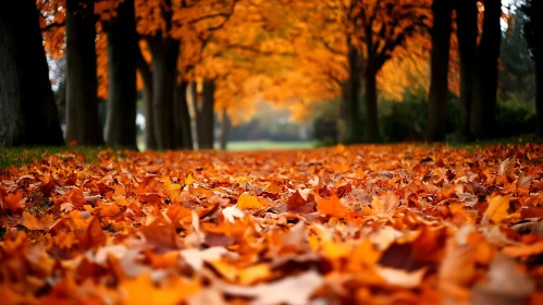 Autumnal Avenue of Trees and Leaves
