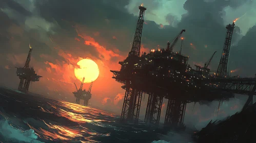 Fiery Sunset over Oil Platforms