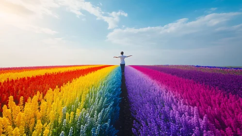 Person in Rainbow Flower Meadow