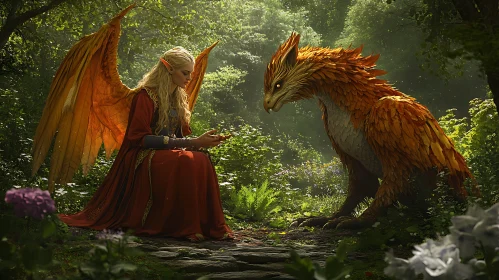 Winged Elf with Dragon in Mystic Forest