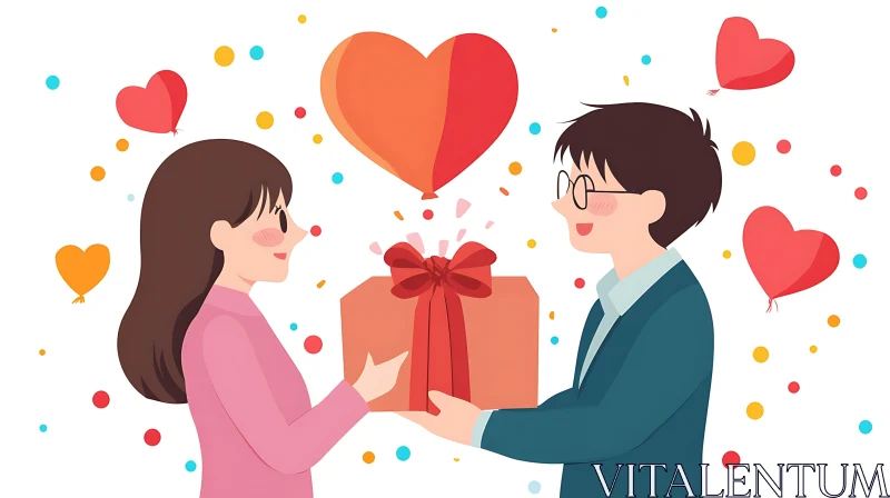 Couple Sharing Gift with Heart Balloons