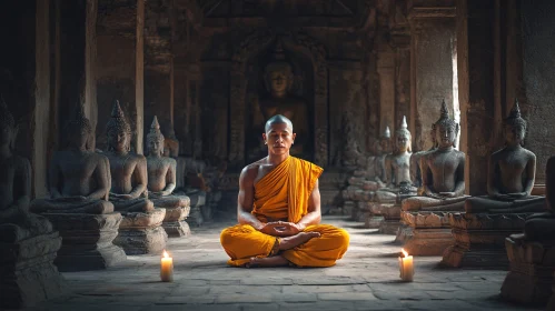 Meditative Monk in Temple