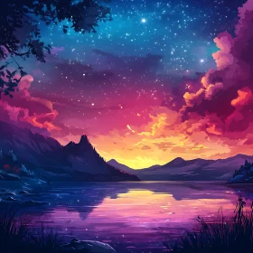 Sunset Lake Reflection Under Starry Sky