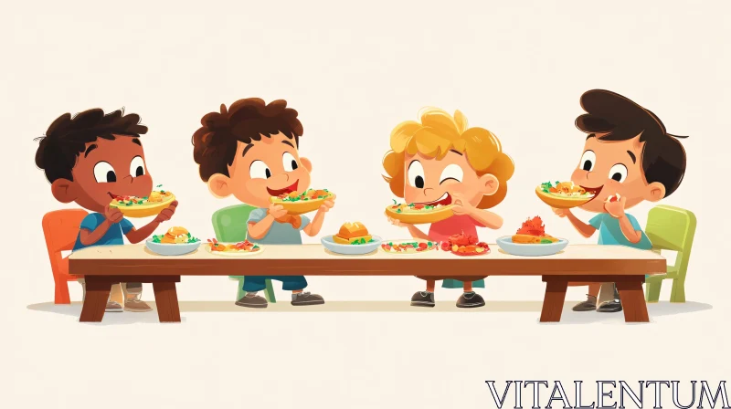 Kids Enjoying Food Cartoon Style