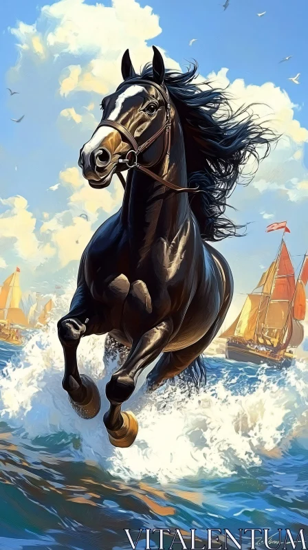 Black Stallion Amidst the Sea