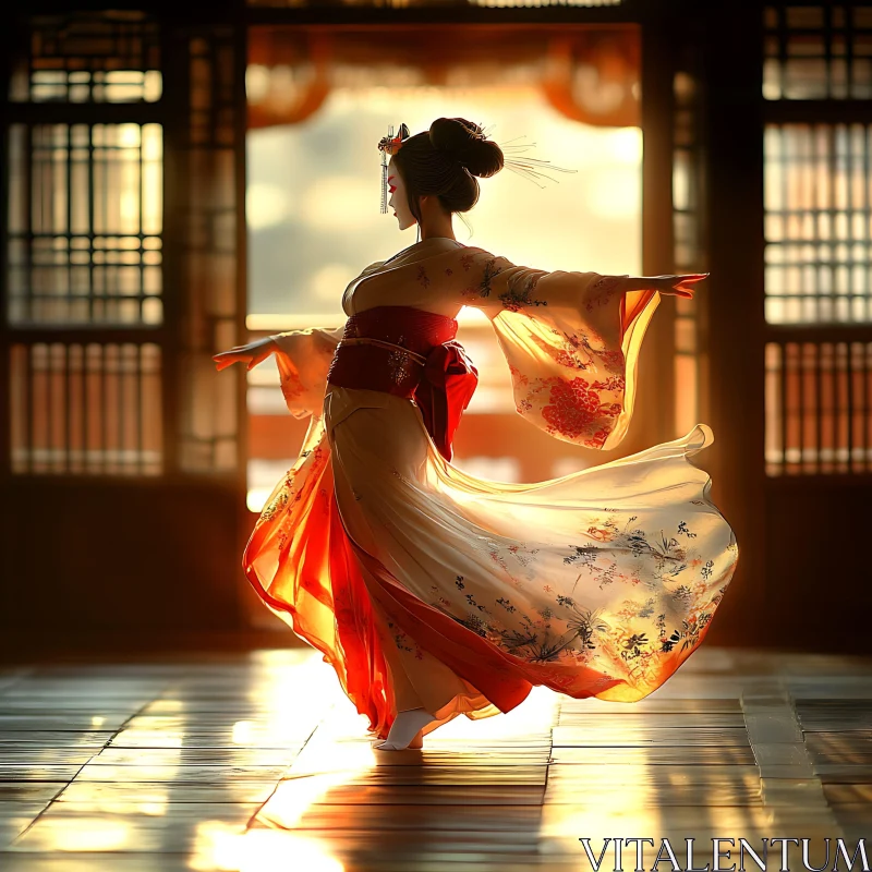 Graceful Kimono Dance in Golden Sunlight