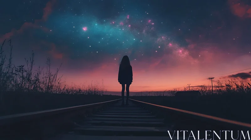 Silhouette on Railroad Tracks Under Stars