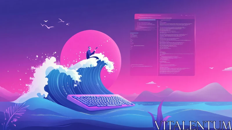 Surreal Coding Scene with Keyboard Surfboard