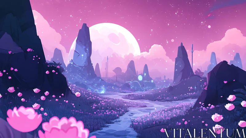 Dreamy Pink Landscape with Flowers