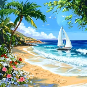 Peaceful Sailboat Journey on Tropical Sea