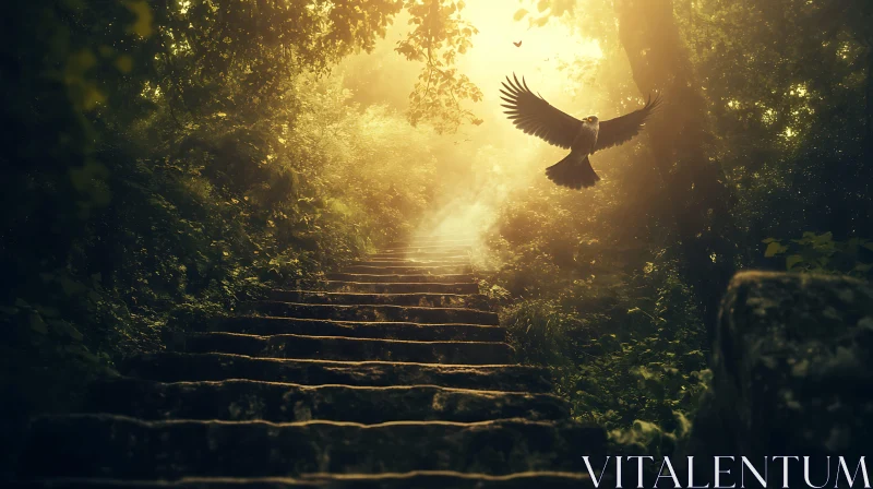 Mystical Forest Stairway with Eagle