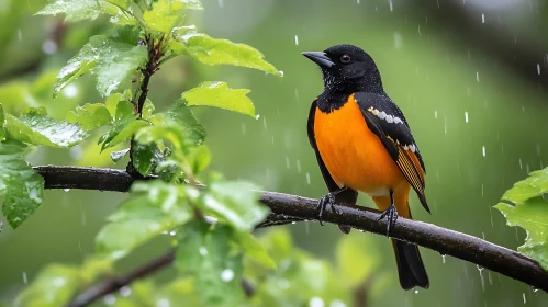 Oriole Bird on a Rainy Branch