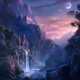 Mountain Castle with Flowing Waterfall