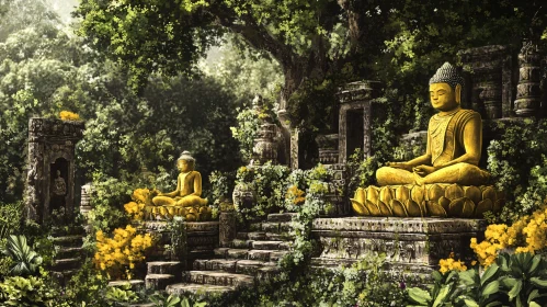Golden Buddhas in Peaceful Nature Setting