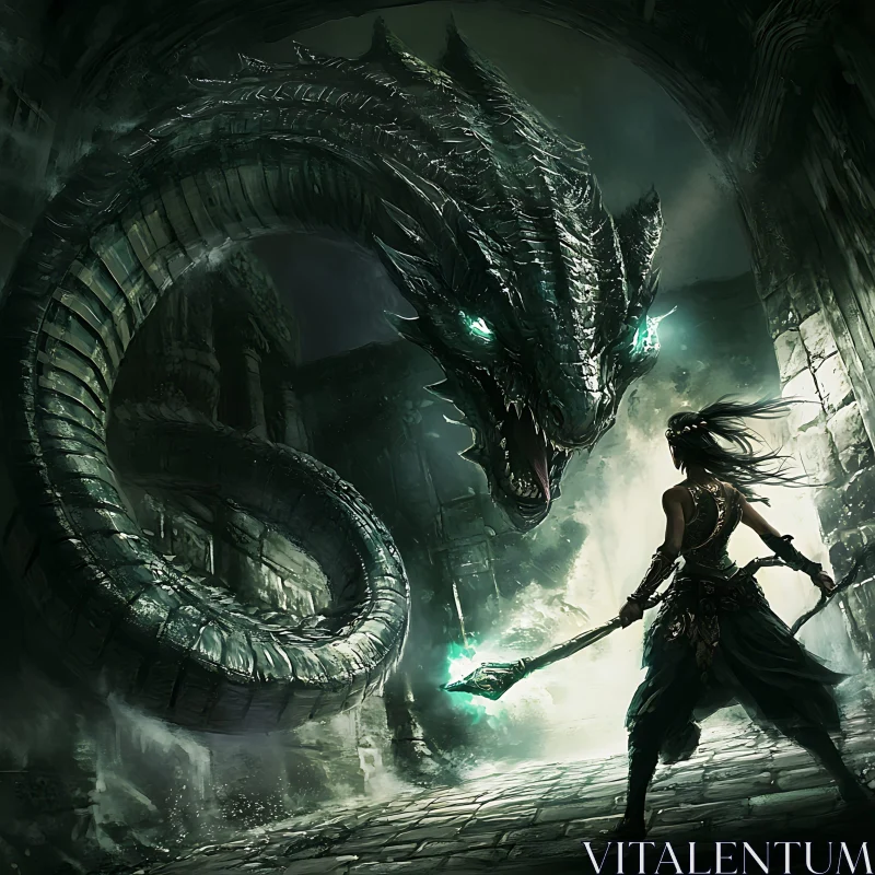 Epic Battle: Warrior vs. Dragon in Ancient Ruins
