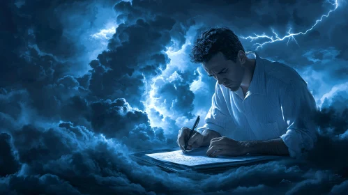 Man Writing Amidst Storm Clouds