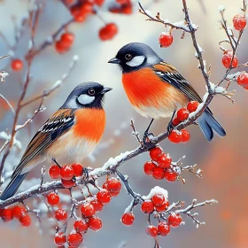Birds and Berries in Winter Scene