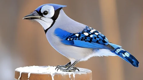 Vibrant Blue Jay on Wooden Perch