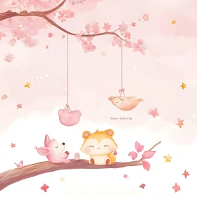 Adorable Animal Companions in Pastel Cherry Blossom Setting