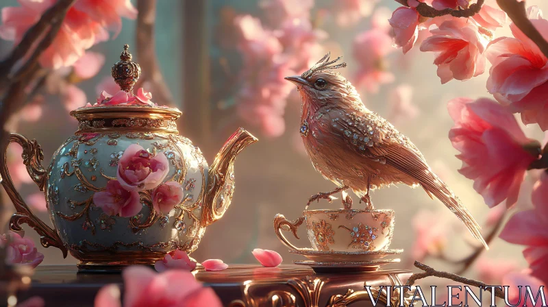 Bird on Teacup with Flowers