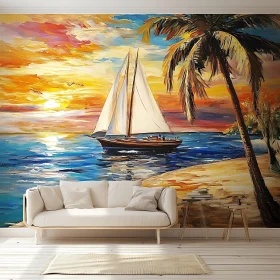 Coastal Sunset with Sailboat and Palm
