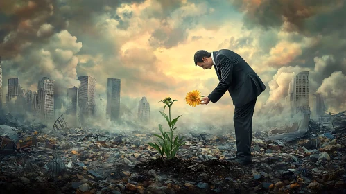 Hope Blooms in Ruins: A Post-Apocalyptic Scene