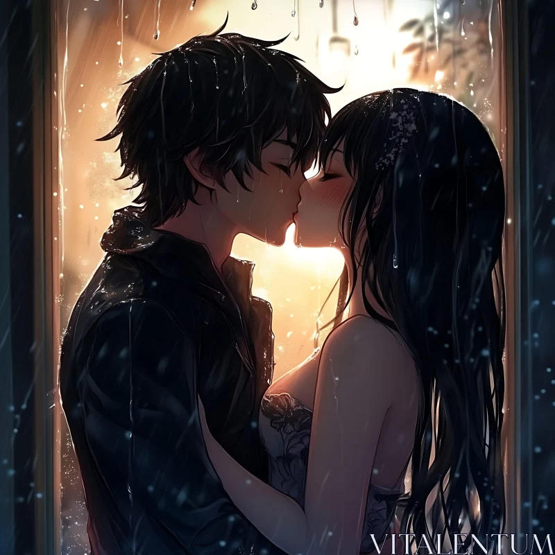 Romantic Anime Kiss in Rainy Weather