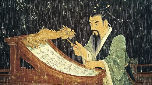 Vintage Asian Painting with Dragon