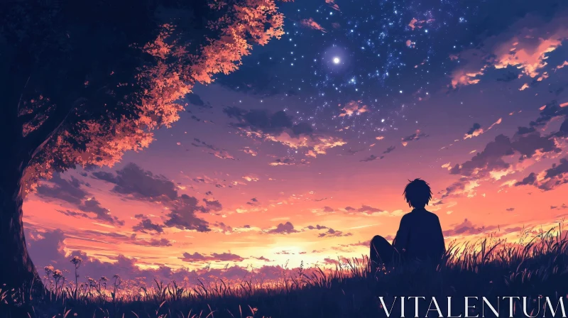 Sunset Silhouette Under Starry Night Canvas