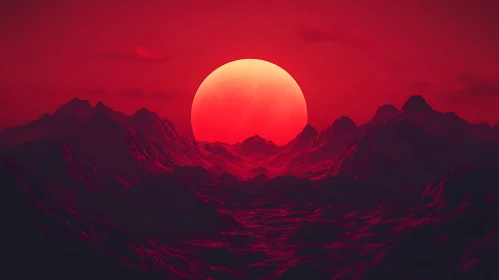 Red Sun Setting Behind Mountains