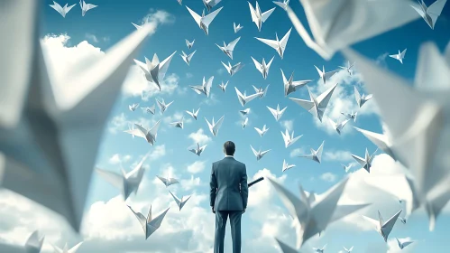Man and Origami Birds in Sky