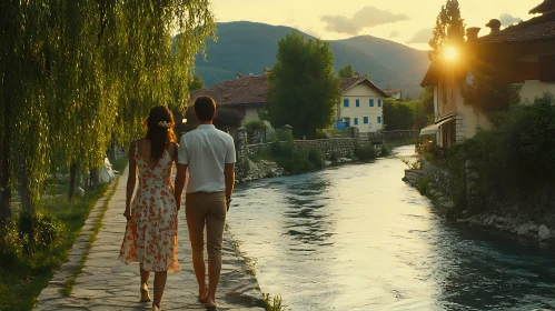 Couple's Sunset Stroll by the Water