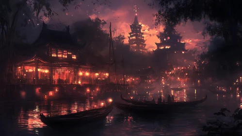 Nighttime Oriental Cityscape Reflection
