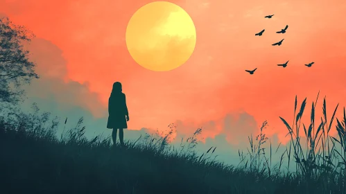 Girl in Field at Sunset Art