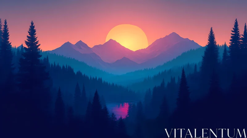 Peaceful Mountain Sunset Forest Scene