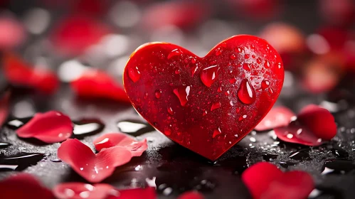 Red Heart on Black with Rose Petals