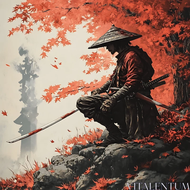 Japanese Warrior in Red Autumn Forest